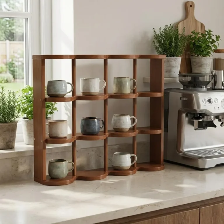 Wooden Mug Organizer Shelf for Coffee Bar, 12 Compartment Coffee Cup Display Stand, Kitchen Counter Organizer, Desk Organizer Shelf
